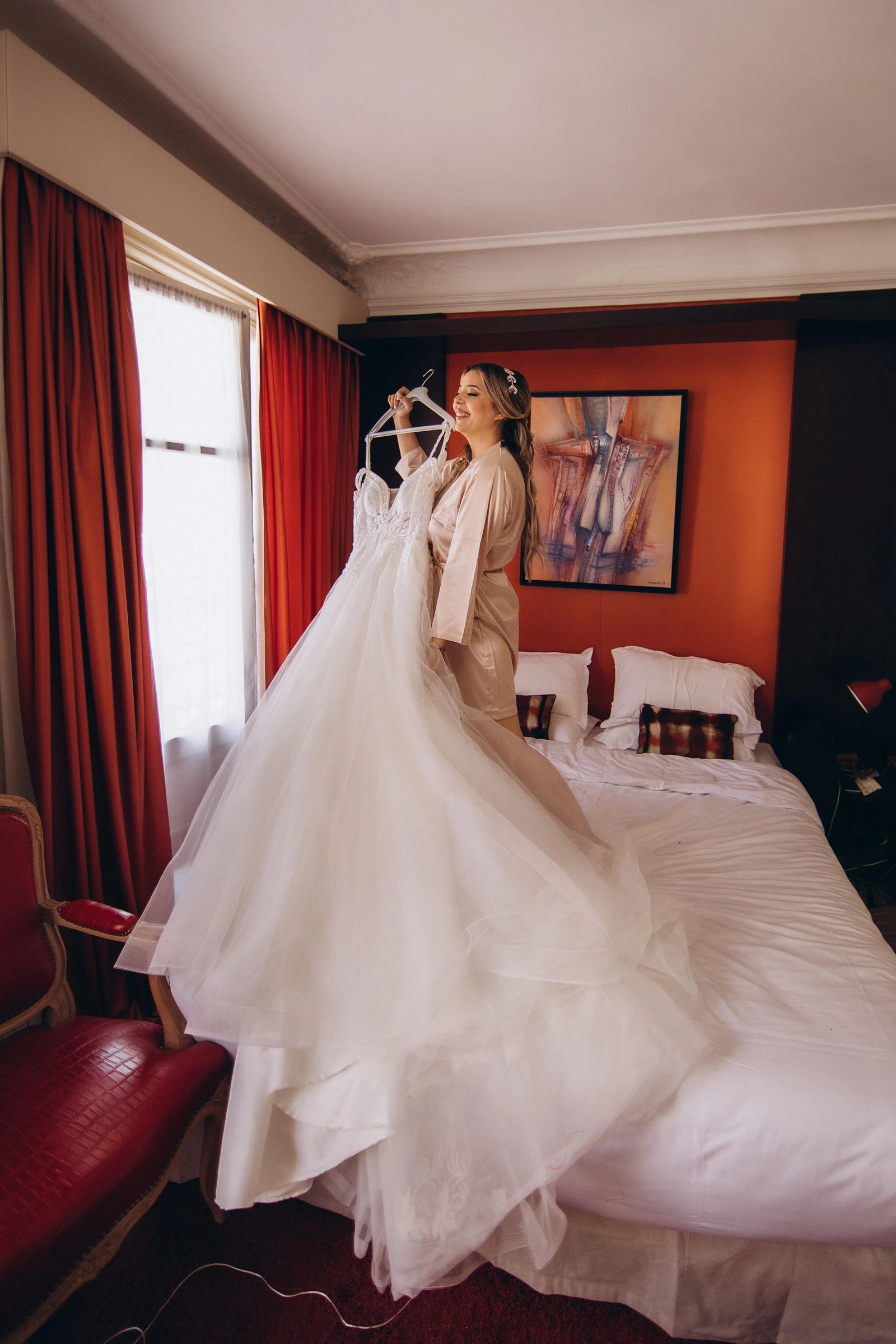 Wedding dress in the hotel room, Paris