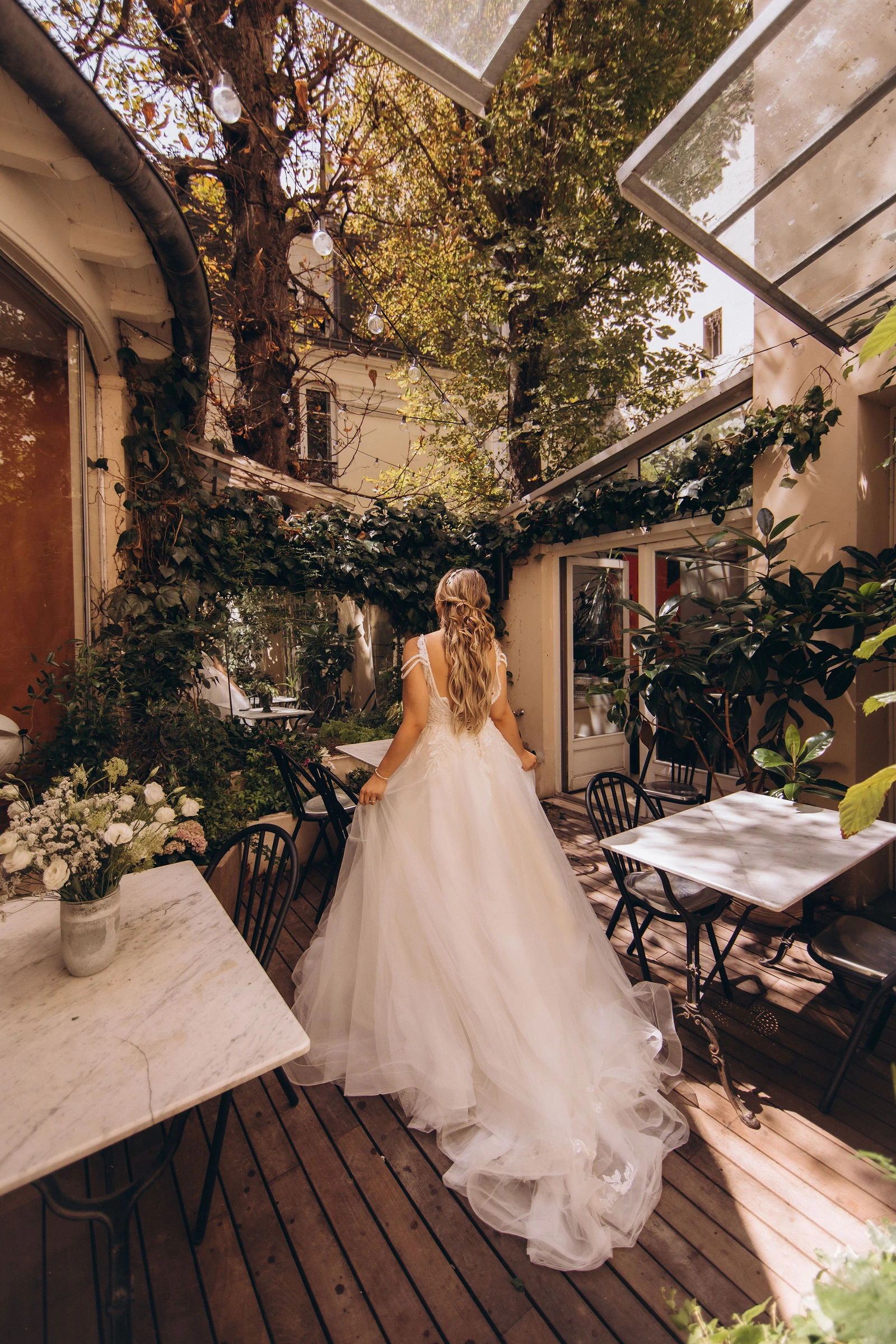 Bride in the hotel courtyard garden