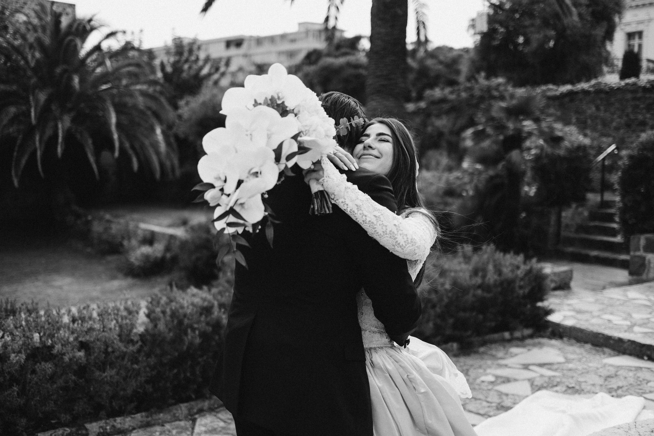 First look embrace, black and white